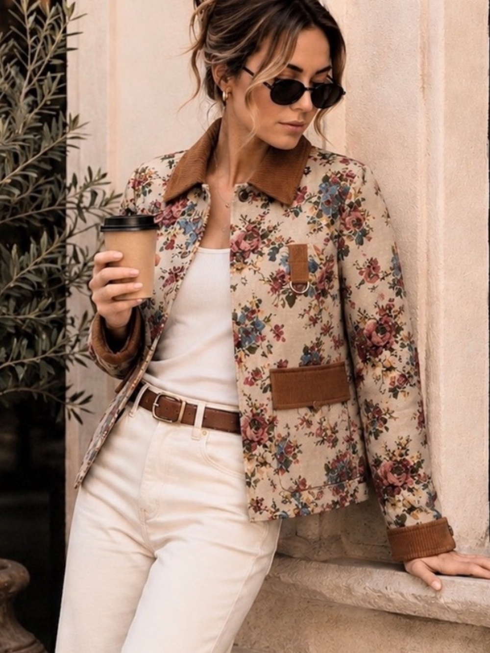 Avec Les Filles Beige Floral Utility Jacket with Rust Corduroy Trim S - Picture 2 of 10